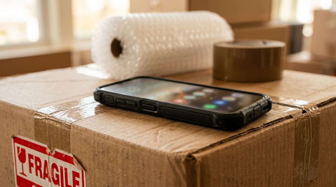 Verhuizer met smartphone bekijkt een nieuwe offerte-aanvraag in een lege ruime woonkamer met inpakdozen