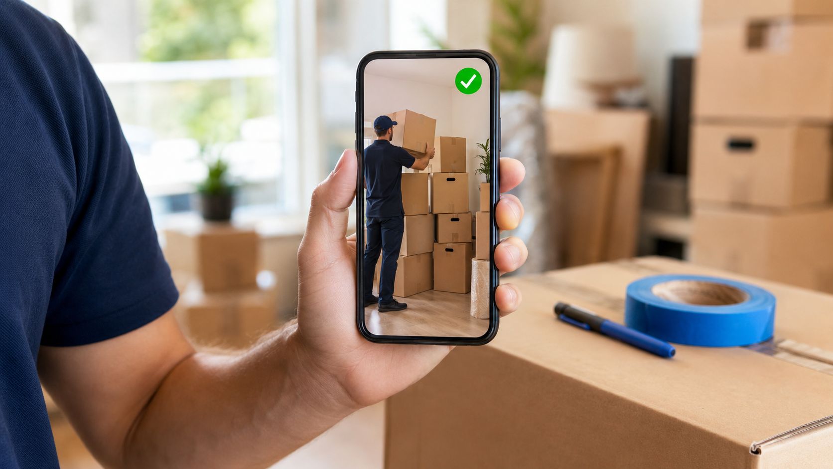 Close-up van een smartphone die een verhuisfoto toont met een groene vinkje-badge, naast een verhuisdoos en een blauwe stift op een houten tafel