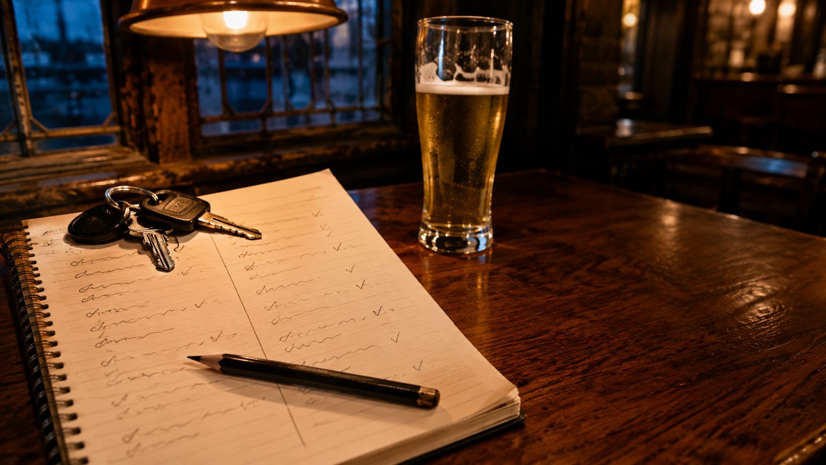 Notitieboek met de vragen in twee kolommen op een cafetafel, naast de sleutels van de verhuisbus