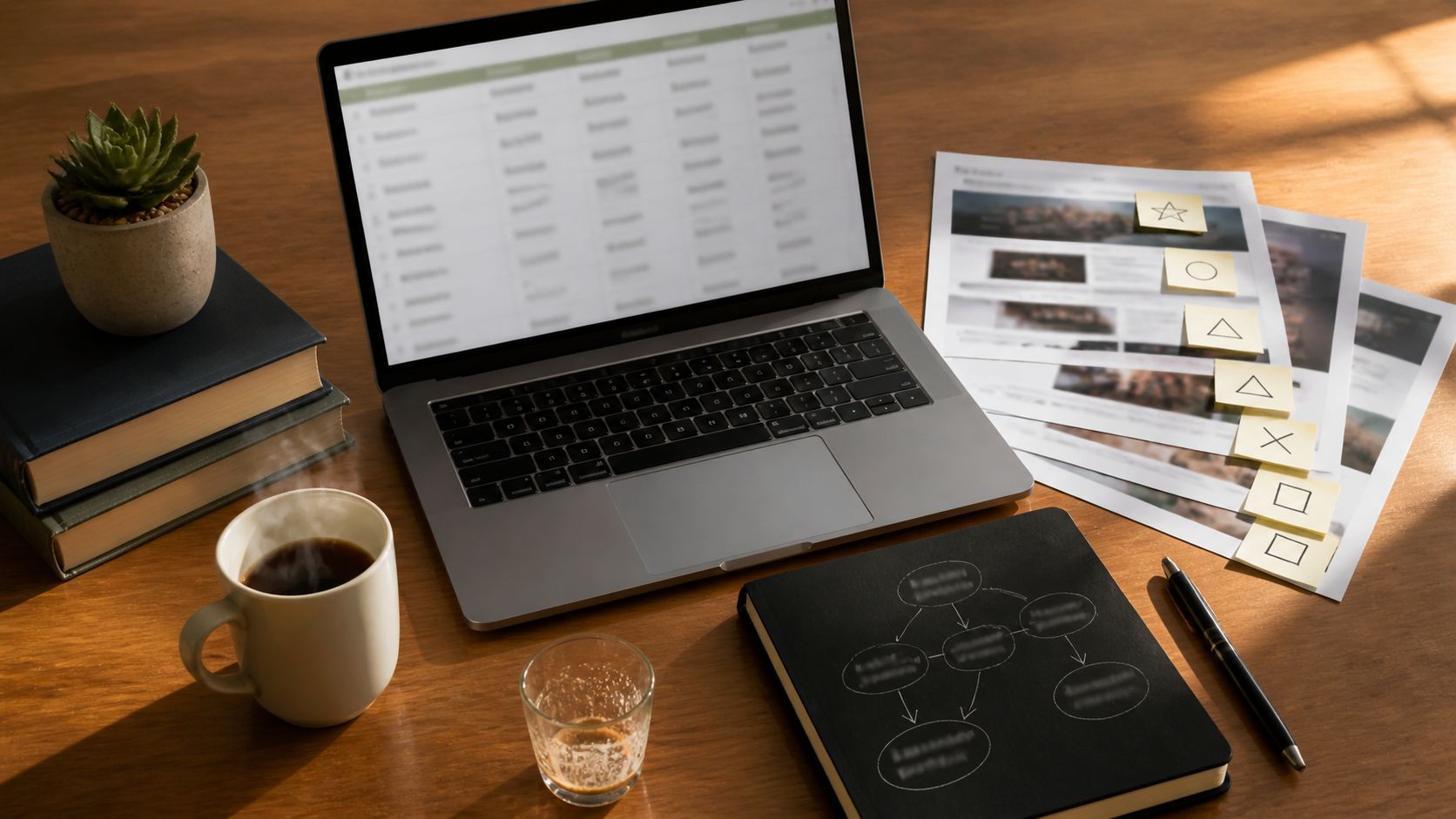 Werkbank van een verhuiscoordinator met laptop, handgeschreven concurrentieanalyse-spreadsheet, koffie