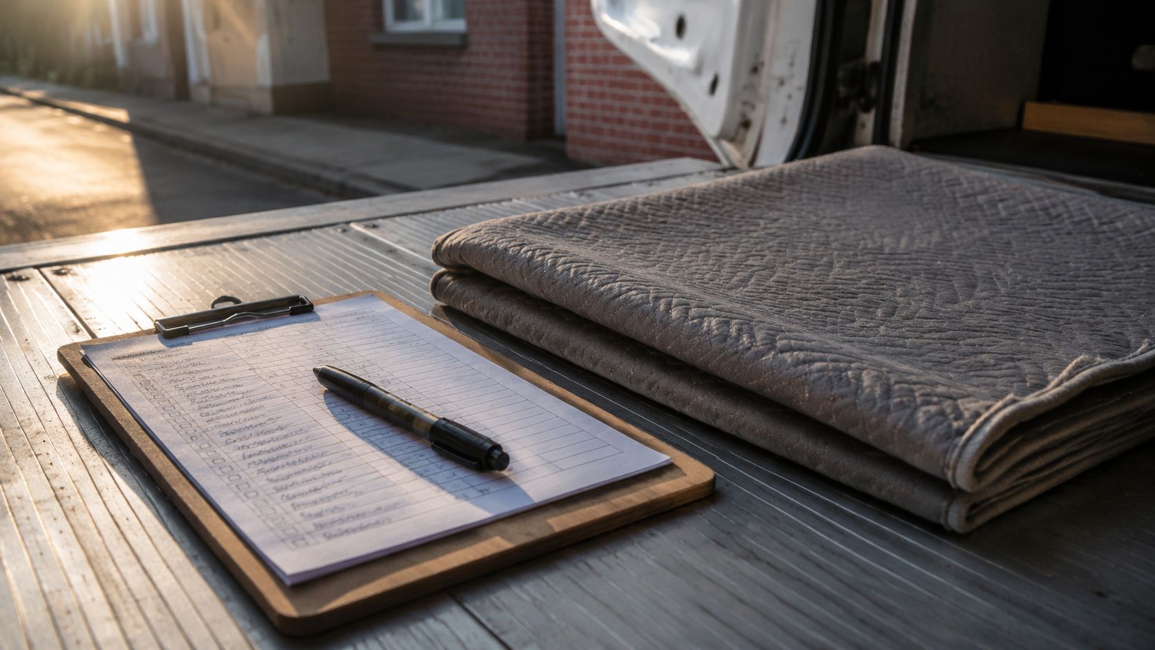 Klembord met ingevulde intake-lijst en marker op de open laadklep van een verhuiswagen in de ochtendzon