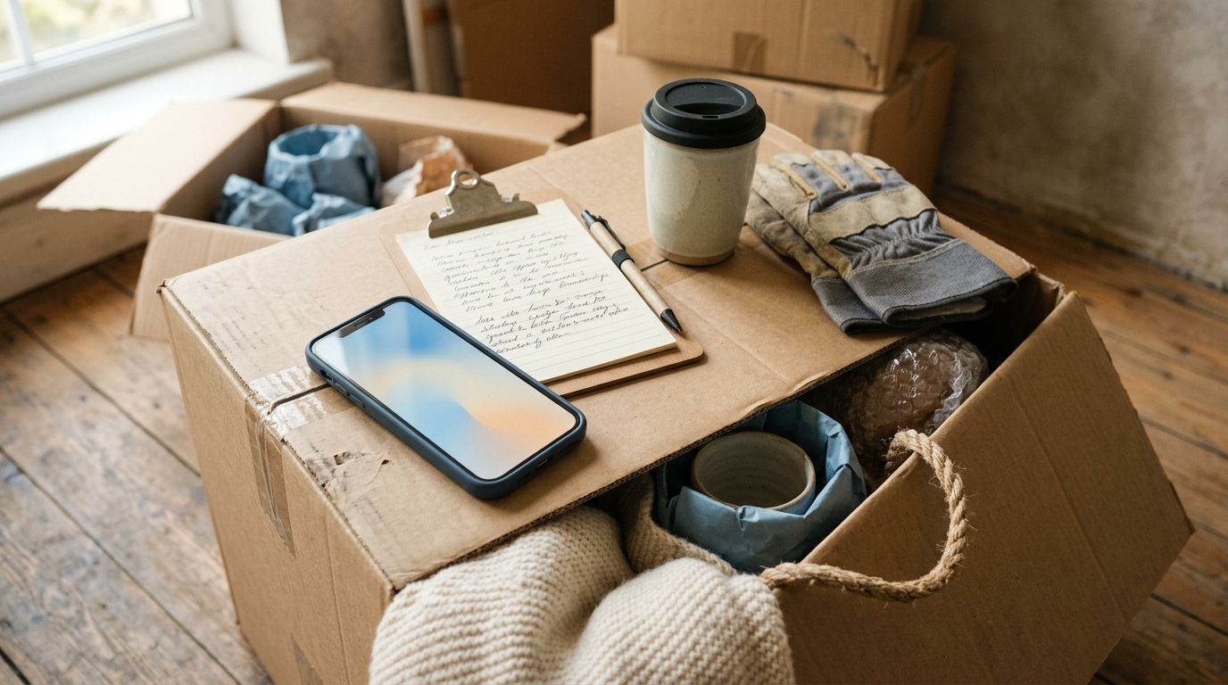 Verhuizer met schildpad-box en smartphone op bankdoek bij Nederlandse voordeur