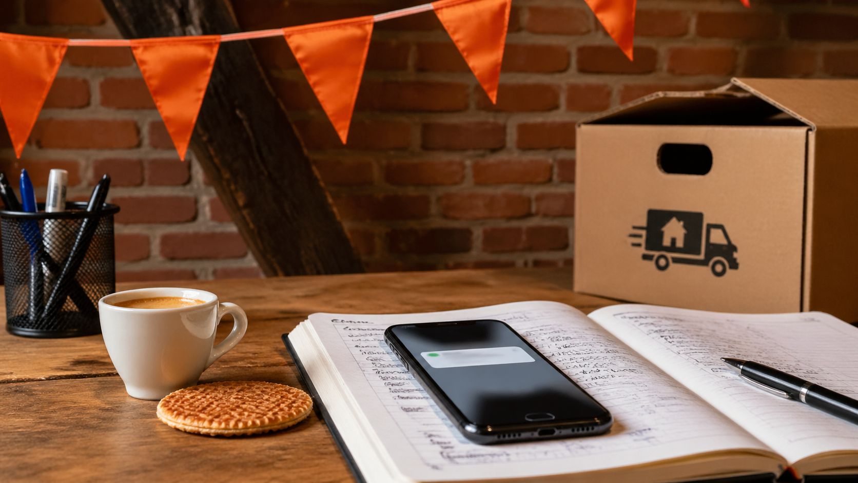Verhuiswagen geparkeerd voor een Amsterdams grachtenpand met inpakdozen op de stoep, oranje Koningsdag-vlaggetjes hangend van de gevel