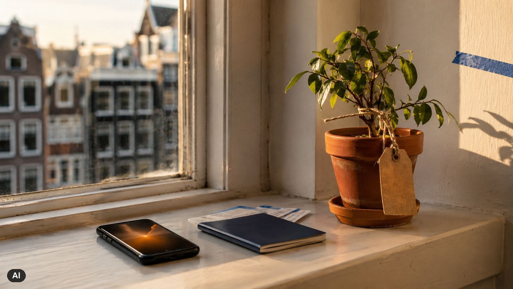 Telefoon met oplichtend scherm, een paspoort met instapkaarten en een plant met bagagelabel op de vensterbank van een leeggehaald appartement