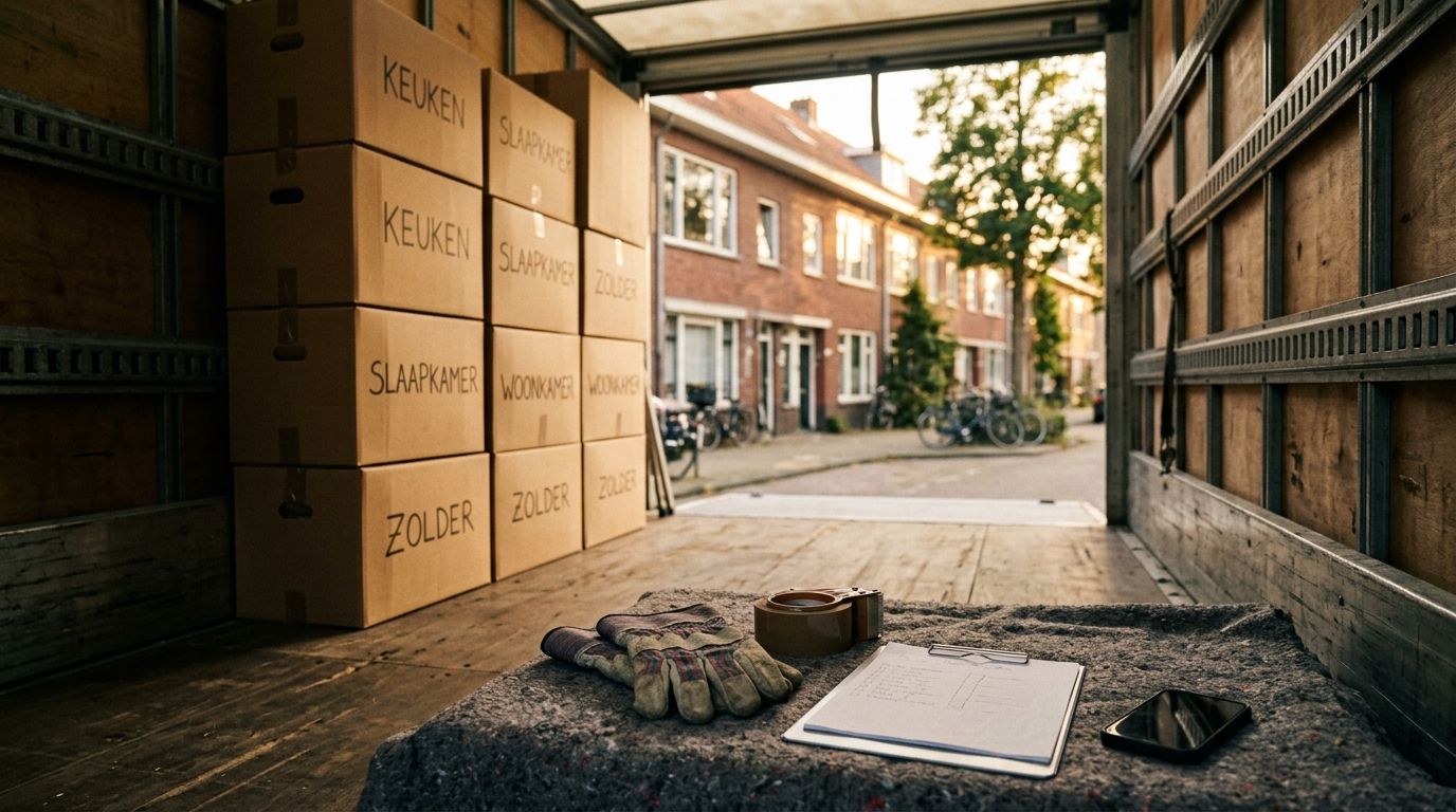 Verhuiswagen-interieur met gestapelde dozen, werkhandschoenen, klembord en plakband op een verhuisdeken