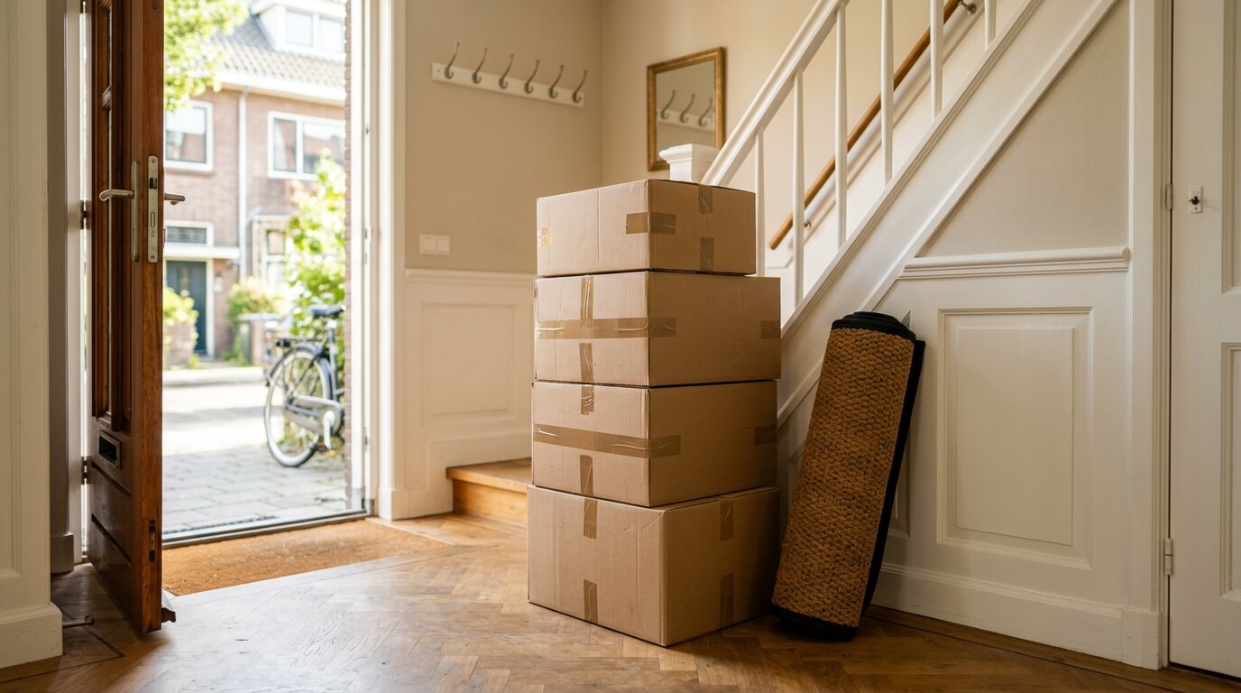 Verhuisdozen in een Nederlandse gang