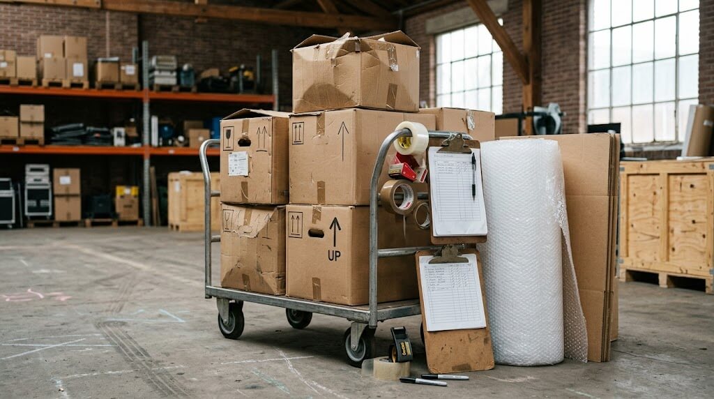 Verhuisdozen en tape op een werktafel