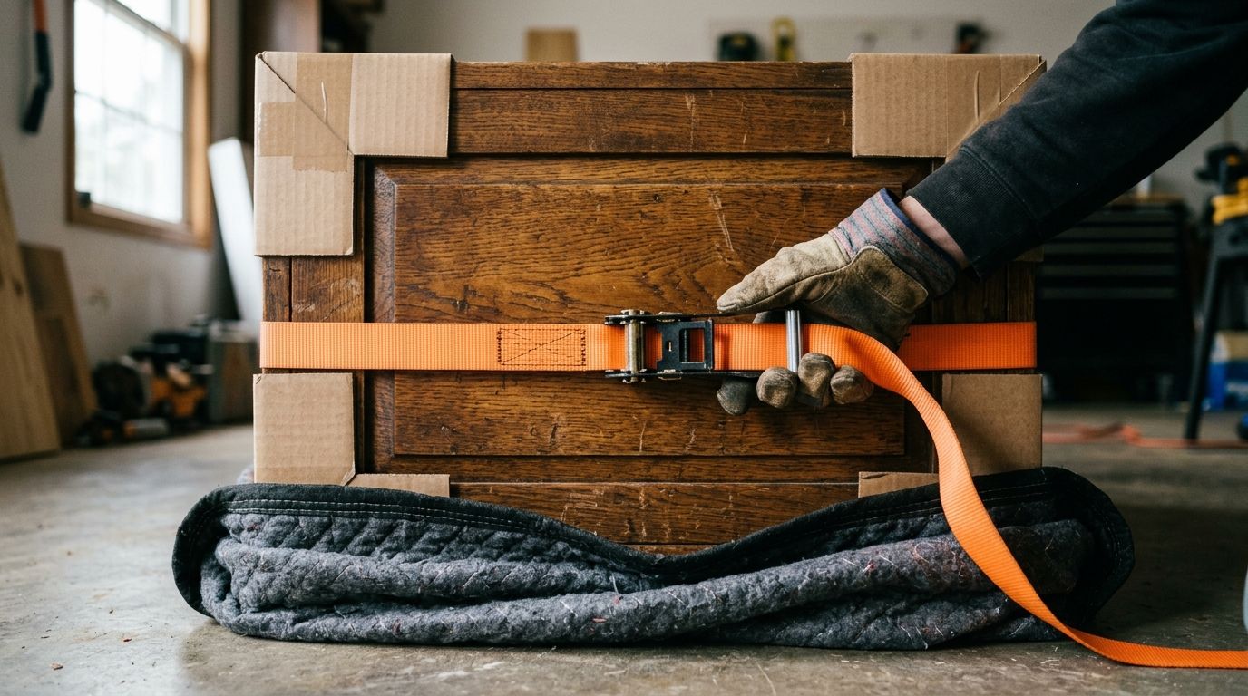 Close-up van zware houten kastdeur met kartonnen hoek-beschermers en oranje verhuisbanden, het handwerk zichtbaar in de juiste bevestiging