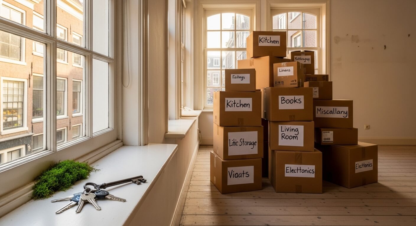 Verhuisdozen in een lege Nederlandse woning, sleutels op de vensterbank
