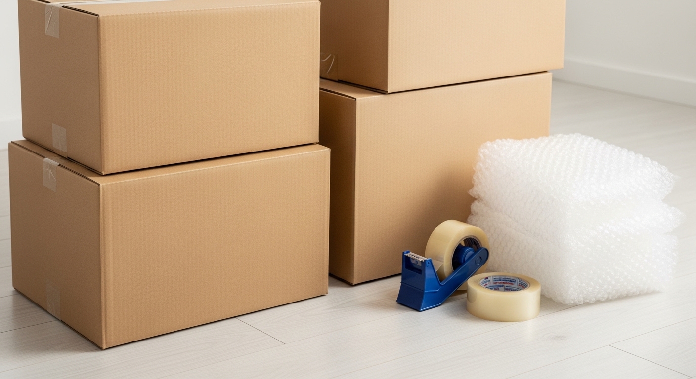 Verhuisdozen en inpakmateriaal in een woonkamer