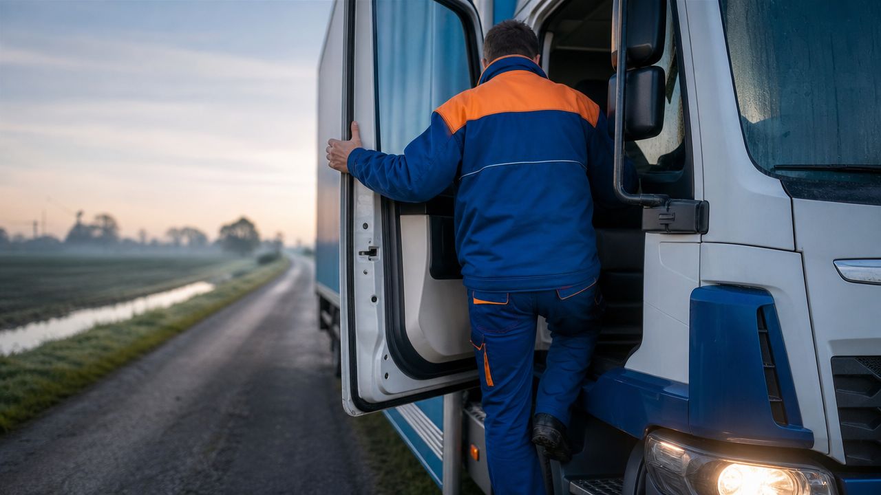 Verhuizers laden dozen en meubels in een verhuiswagen voor een Nederlandse rijtjeswoning op een heldere ochtend