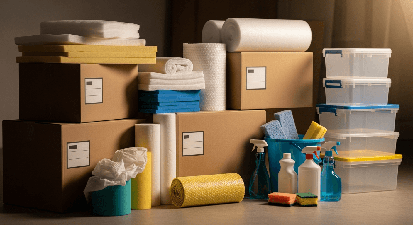 Verhuisdozen en schoonmaakspullen netjes naast elkaar klaargezet