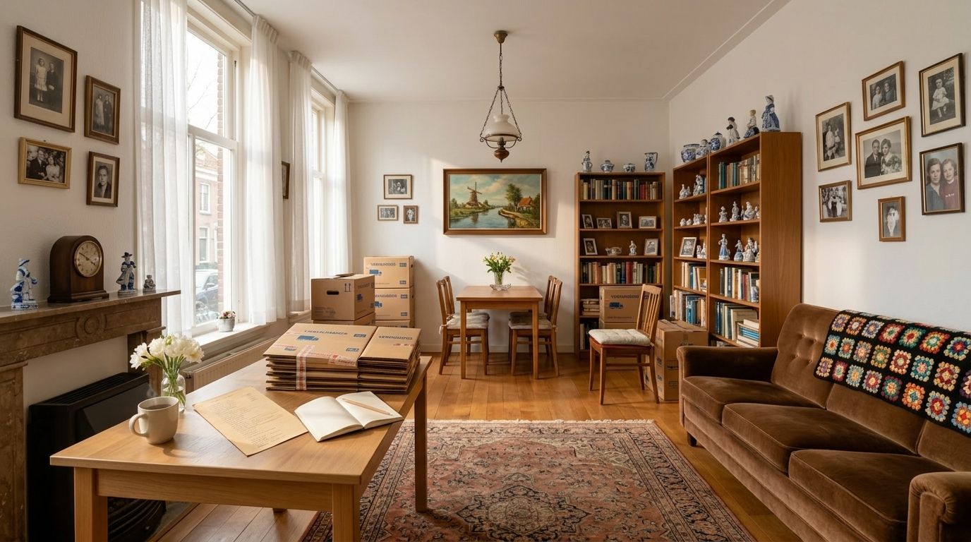 Werkbalie close-up: een lijst-papier met handgeschreven inboedel-checklist (illegible Nederlands handschrift) op een licht-houten werkblad, een gevouwen stapel van bruine verpakkings-dozen, blauwe verhuis-stickers en kwetsbaar-tape, een leeg notitieboekje, een ceramic mok met steaming kruidenthee, ochtendzon door een hoog raam