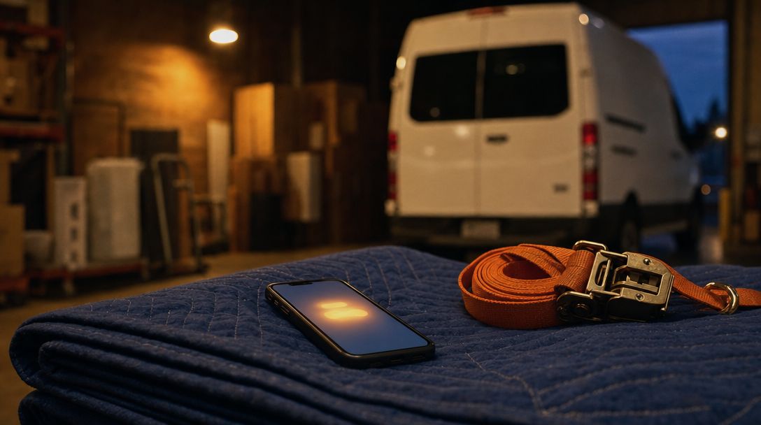 Telefoon met oplichtende melding op een stapel verhuisdekens in de loods van een verhuisbedrijf
