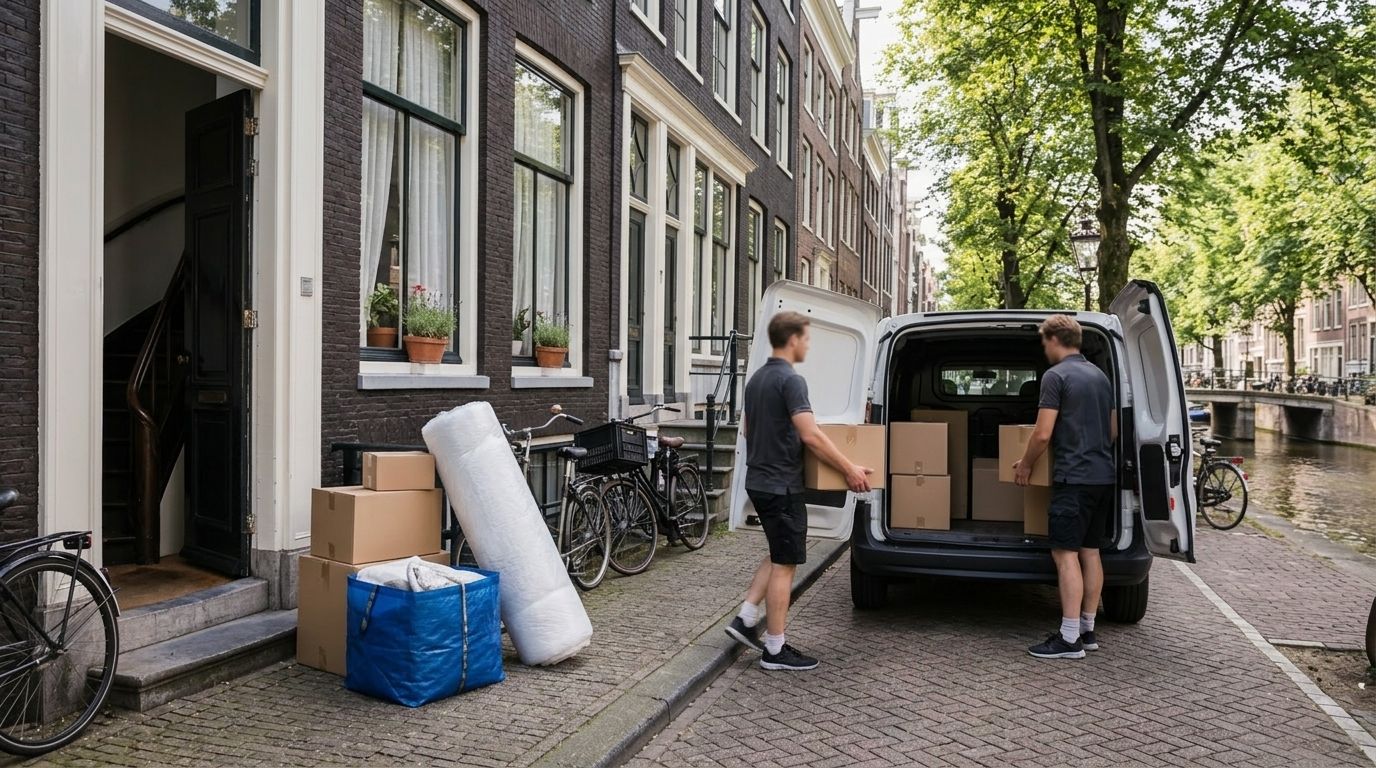 Studentenverhuizing in een Nederlandse studentenstad: twee verhuizers tillen een matras in een verhuiswagen voor een grachtenpand