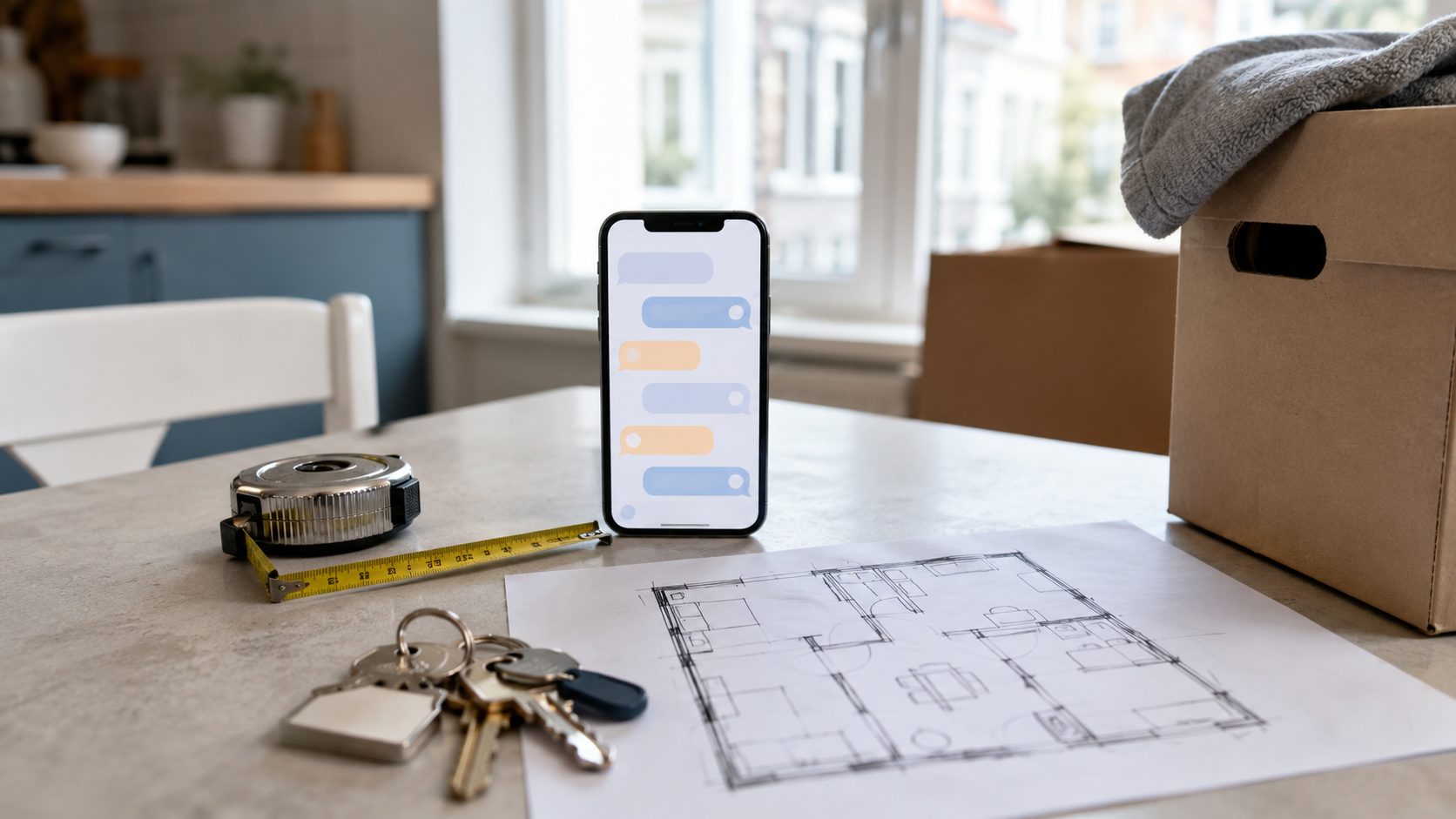 Keukentafel met een smartphone met een chatgesprek, een rolmaat, sleutels en een plattegrond bij de voorbereiding van een verhuizing