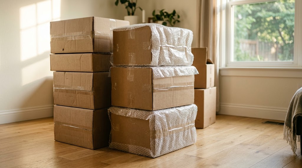 Verhuisdozen en tape op een werkbank naast een laptop