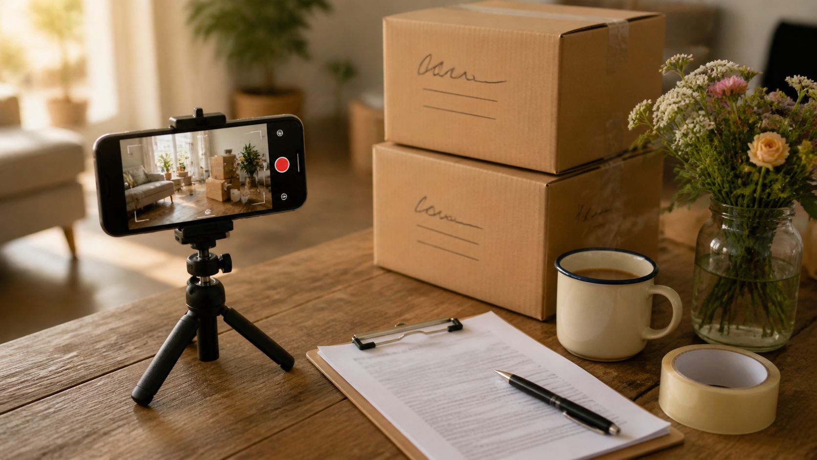 Werkbank in een verhuiskantoor met smartphone op statief, dozen op achtergrond, tablet, verhuiscontract, koffie