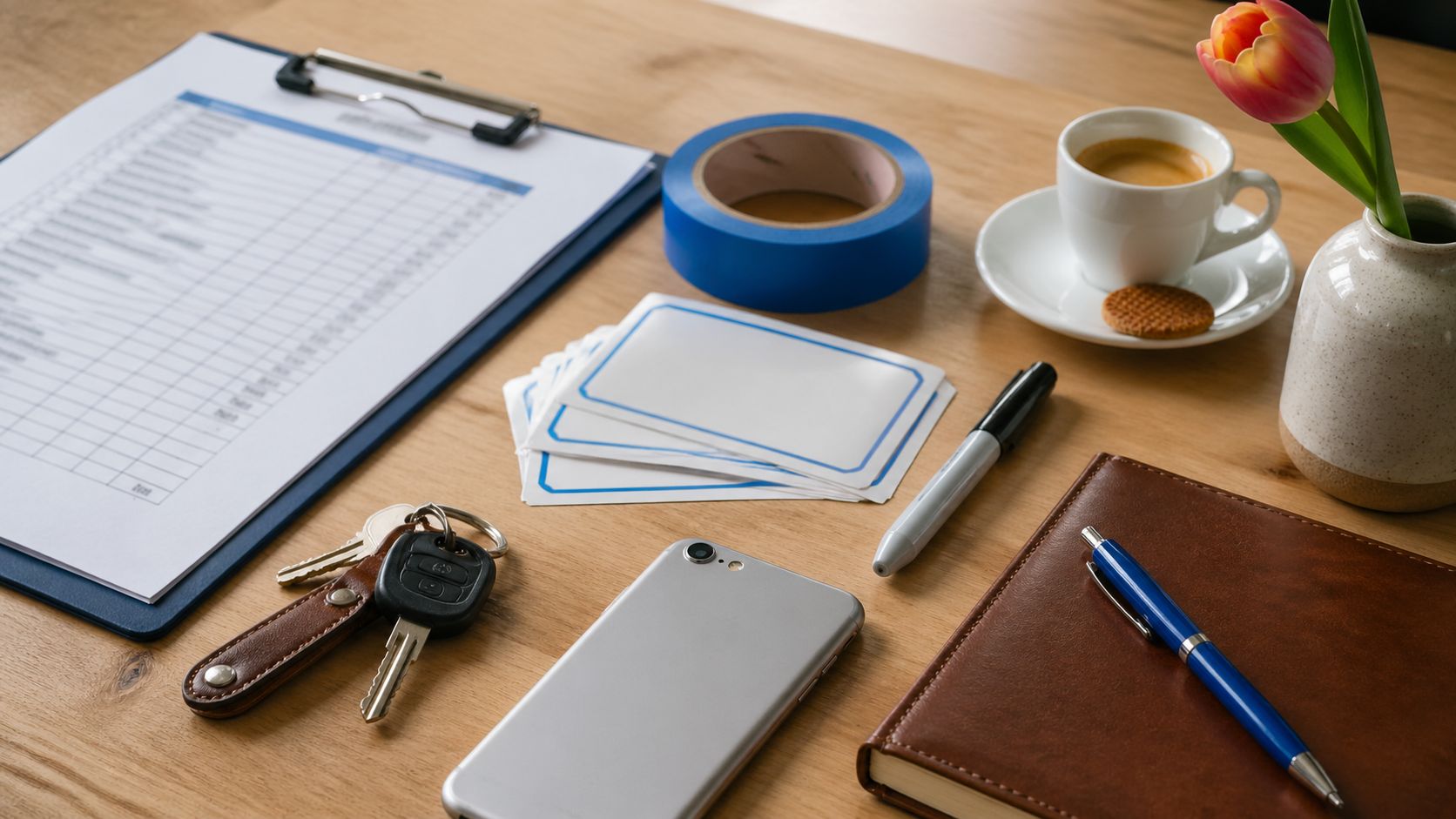 Verhuisbedrijf werkbalie close-up: verhuisplanning klembord, dozenlabels, smartphone, koffiebeker en notitieblok in zacht daglicht