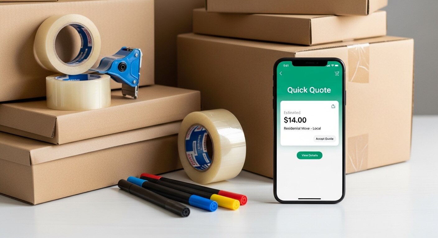 Smartphone met snel offerte-antwoord naast verhuisdozen