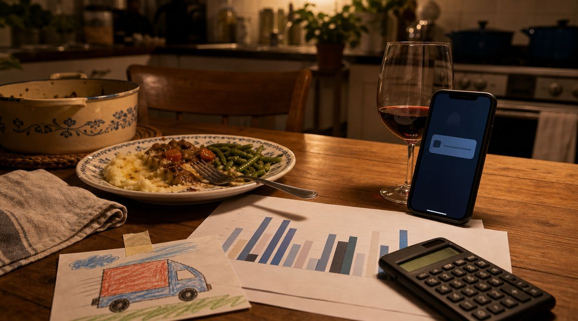 Een Nederlandse keukentafel in avondlicht thuis met een uitgeprint maandrapport vol abstracte staaf-grafiek-blokken, een smartphone leunend tegen een halfvol wijnglas die een binnenkomende aanvraag toont als abstracte notificatie, een rekenmachine bovenop het rapport, een halfvol bord huiselijk eten dat opzij is geschoven met een vork erop, en een kindertekening van een verhuiswagen in waskrijt op de hoek van het rapport