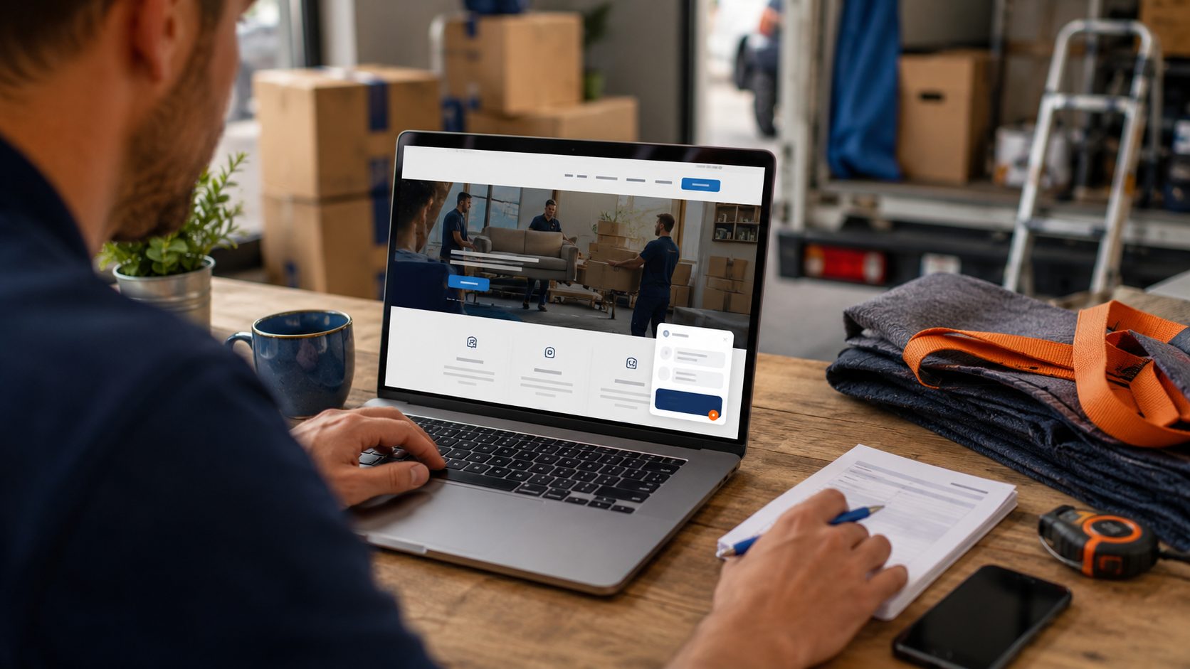Laptop met chatbot widget voor verhuizer website