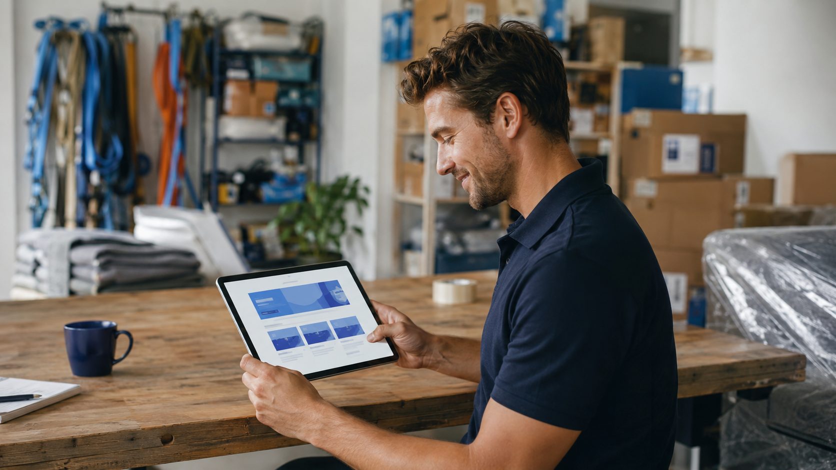 Verhuizers eigenaar bekijkt nieuwe website preview op tablet