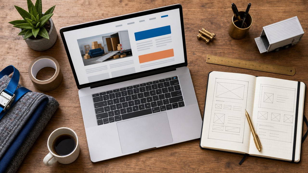 Top-down flat-lay van verhuizer website ontwerpproces met wireframe schetsen