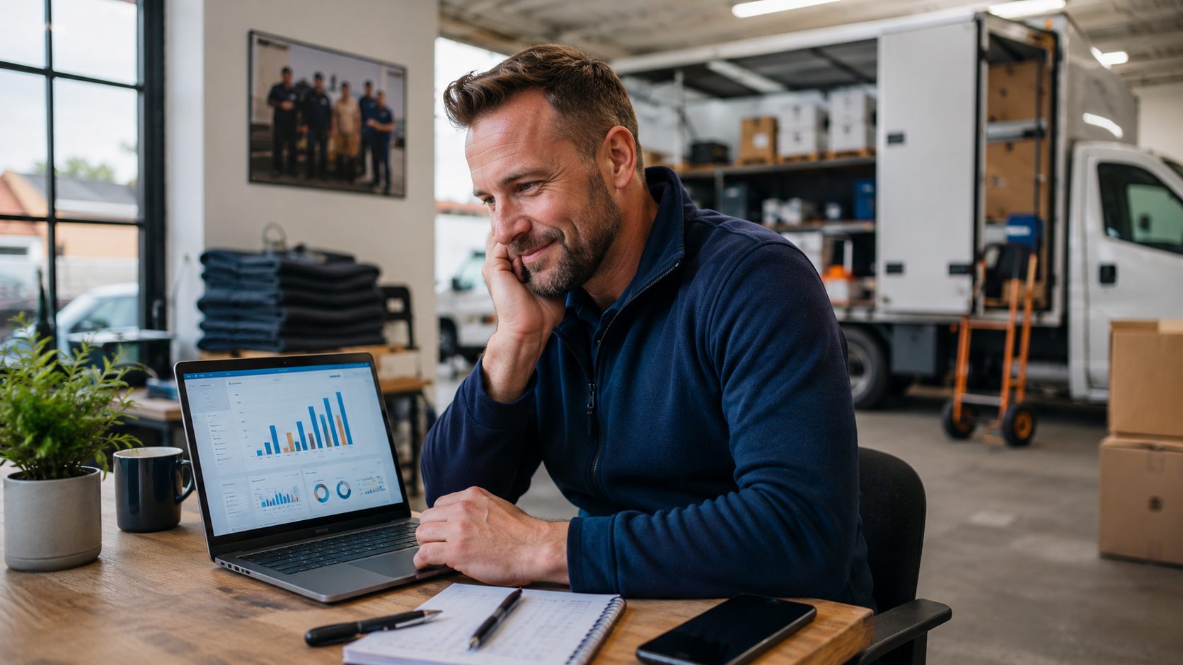 Verhuizers eigenaar bekijkt review analytics dashboard