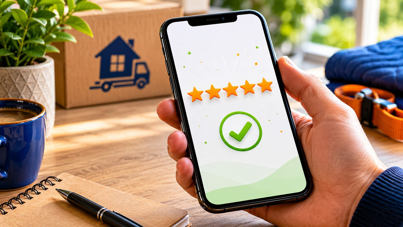 5-sterren review op smartphone — Google review na verhuizer klus