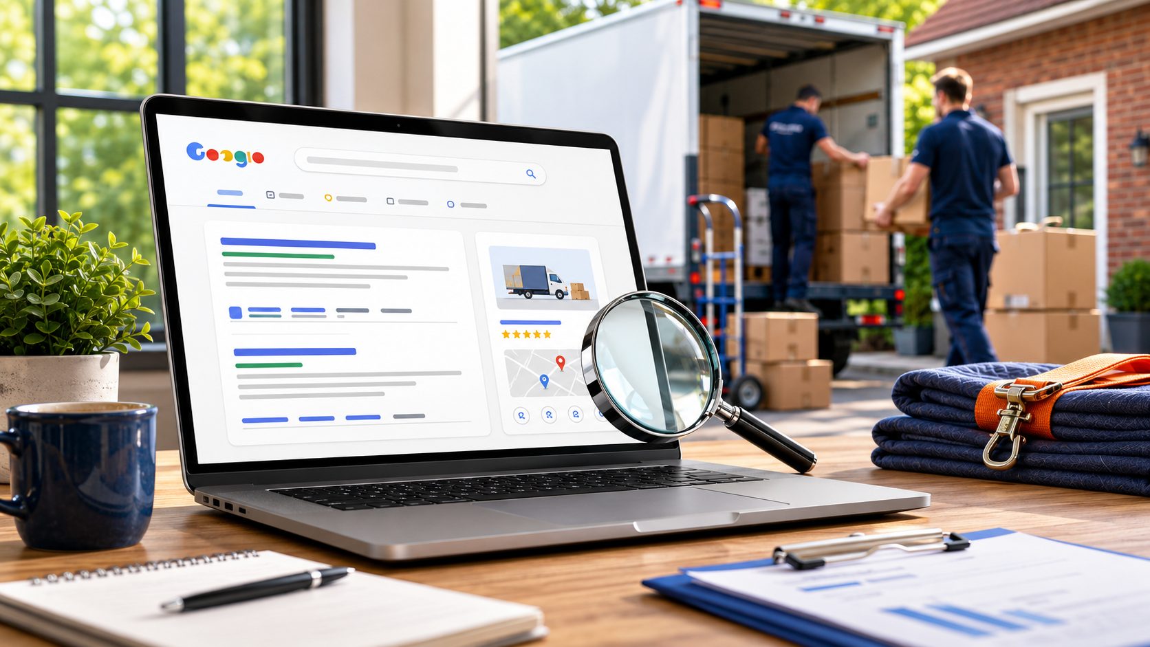 SEO voor verhuizers — Google ranking dashboard op laptop
